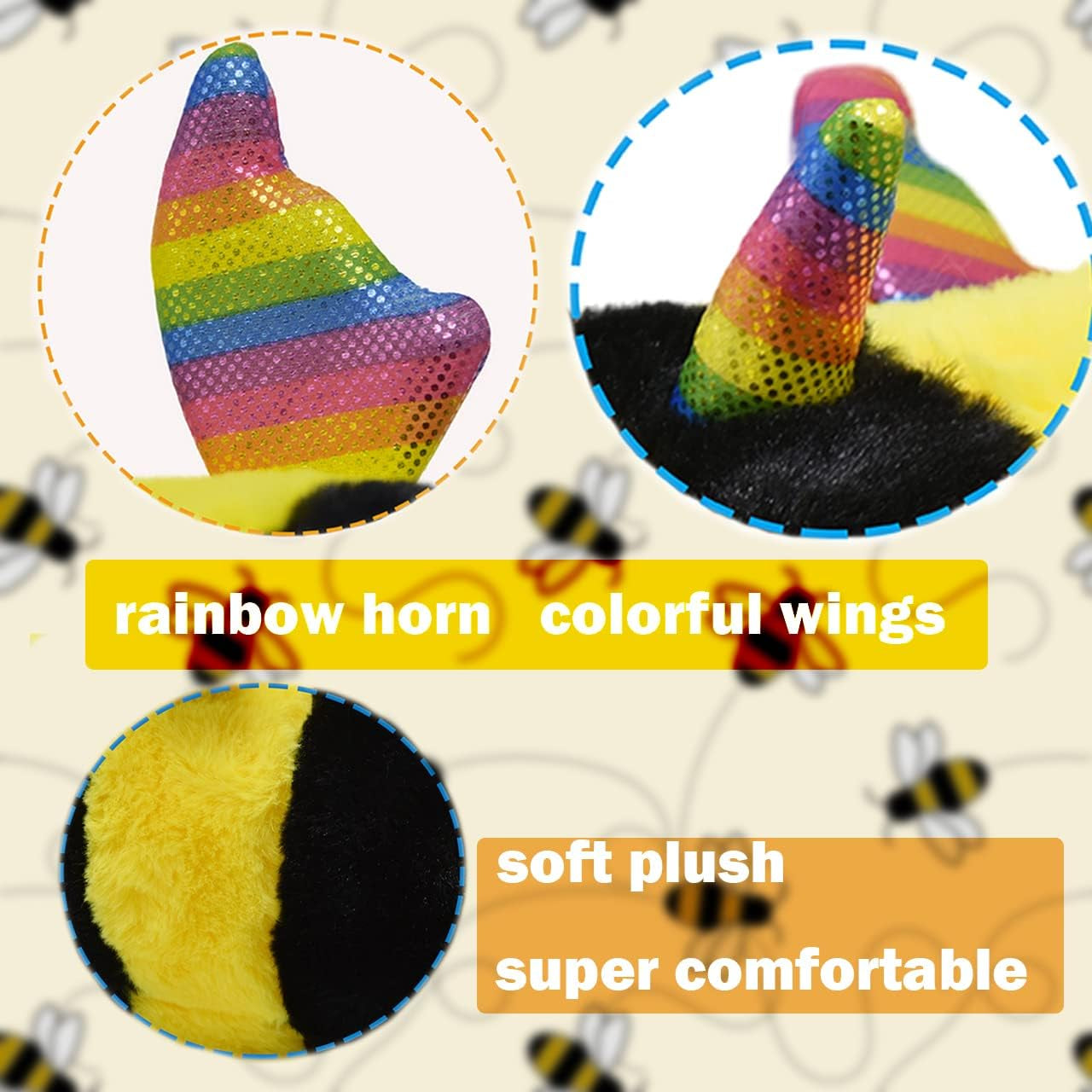 10in Cuddly Unicorn Bee Plushie with Rainbow Wings 